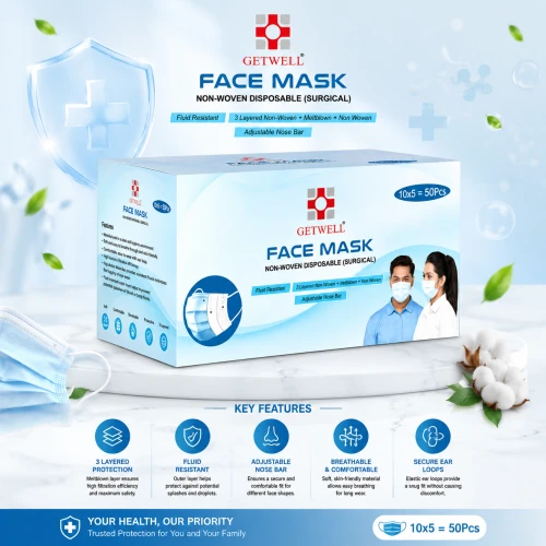 Getwell Face Mask Non-Woven Disposable Surgical 50pcs | 3-Ply Medical Face Mask | Fluid Resistant Protective Mask