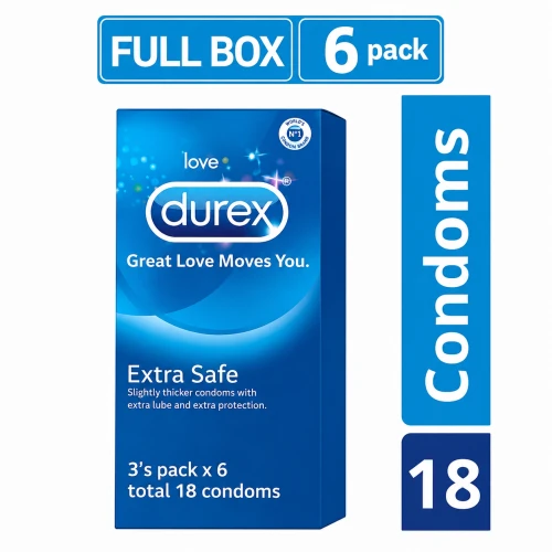 Durex Extra Safe Condom 18pcs Full Box | Thick & Extra Lubricated Natural Latex Condom | Regular Fit