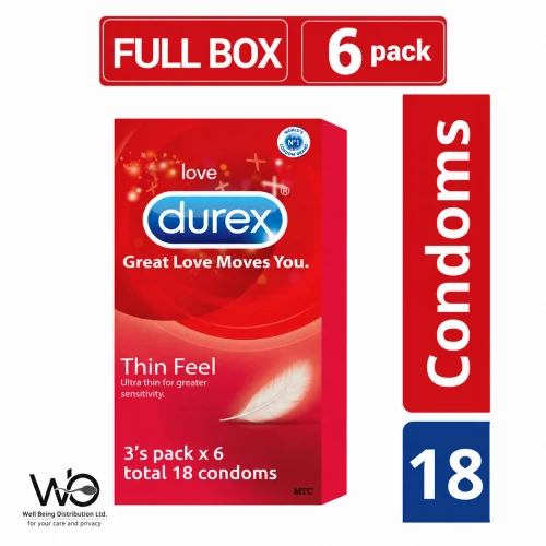 Durex Thin Feel Condom 18pcs Full Box | Thin & Lubricated Natural Latex Condom | Regular Fit 56mm
