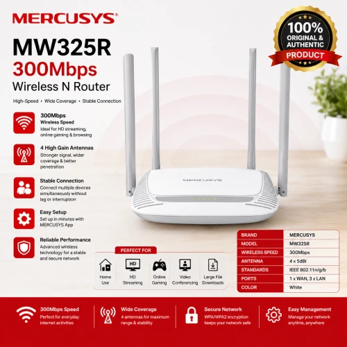 Mercusys MW325R 300Mbps WiFi Router | 4×5dBi High-Gain Antenna | 2.4GHz Wireless N Router | Wide Coverage | Original Mercusys Router