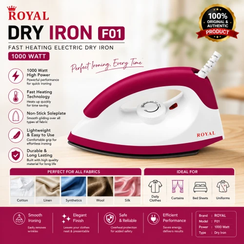 ROYAL Dry Iron F01 1000W | Fast Heating Electric Dry Iron | Non-Stick Soleplate | Adjustable Temperature Control | Lightweight Clothes Iron