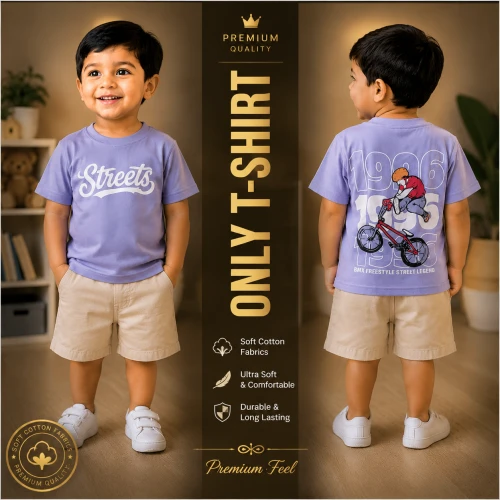 Premium Soft Cotton T-Shirt For Baby Boys (2-3 Years) | Lavender Emboss Print Half Sleeve Kids T-Shirt