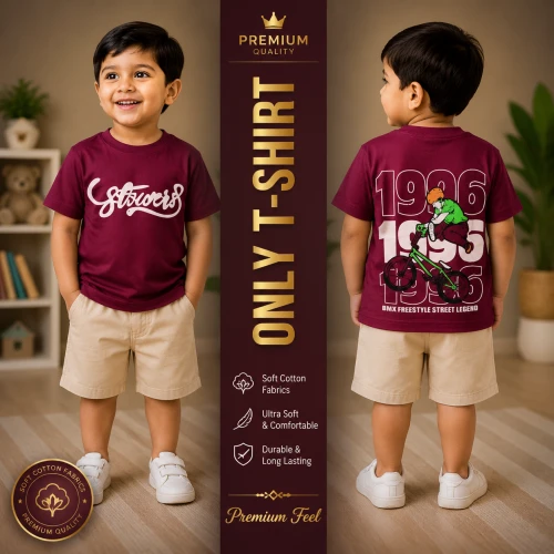 Premium Soft Cotton T-Shirt For Baby Boys (2-3 Years) | Maroon Emboss Print Half Sleeve Kids T-Shirt