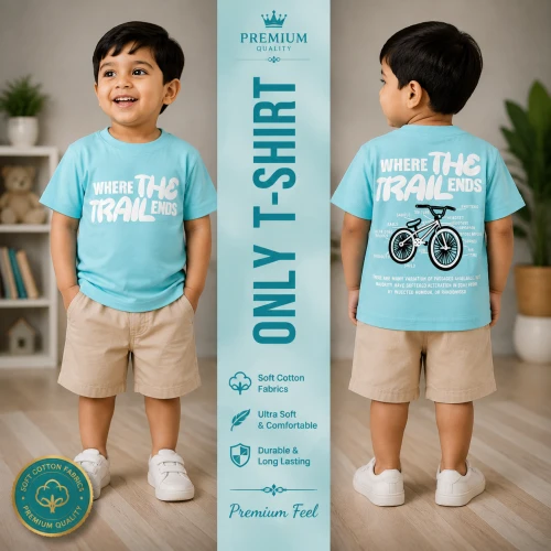 Premium Soft Cotton T-Shirt For Baby Boys (2-3 Years) | Aqua Blue Emboss Print Half Sleeve Kids T-Shirt