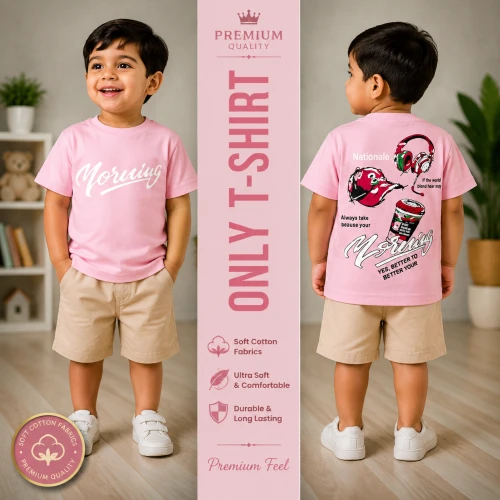 Premium Soft Cotton T-Shirt For Baby Boys (2-3 Years) | Premium Blush Pink Emboss Print Half Sleeve Kids T-Shirt