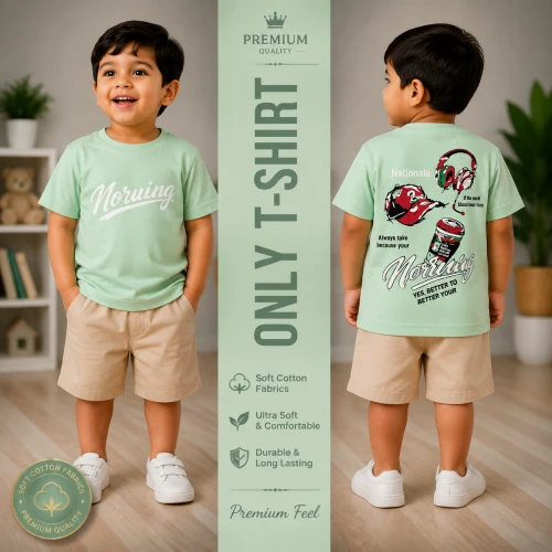 Premium Soft Cotton T-Shirt For Baby Boys (2-3 Years) | Premium Mint Green Emboss Print Half Sleeve Kids T-Shirt