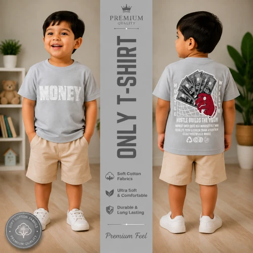 Premium Soft Cotton T-Shirt For Baby Boys (2-3 Years) | Premium Light gray Emboss Print Half Sleeve Kids T-Shirt