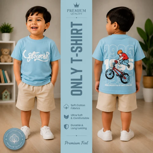 Premium Soft Cotton T-Shirt For Baby Boys (2-3 Years) | Premium Light Blue Emboss Print Half Sleeve Kids T-Shirt