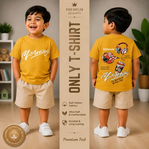 Premium Soft Cotton T-Shirt For Baby Boys (2-3 Years) | Premium Mustard Gold Emboss Print Half Sleeve Kids T-Shirt