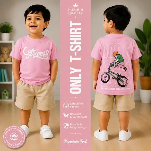Premium Soft Cotton T-Shirt For Baby Boys (2-3 Years) | Premium Rider Pink Emboss Print Half Sleeve Kids T-Shirt