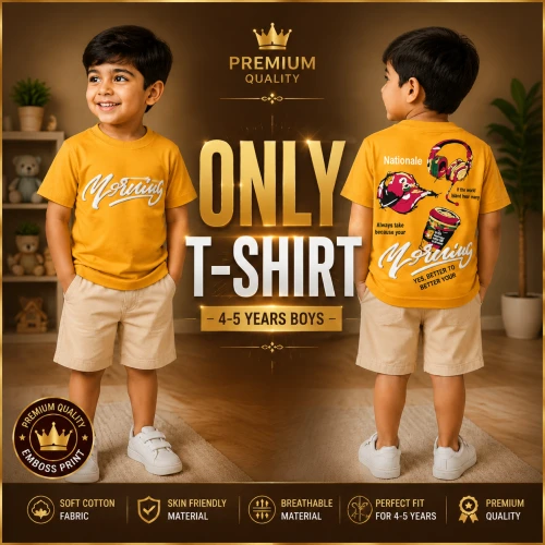 Premium Soft Cotton T-Shirt For Baby Boys (4-5 Years) | Premium Mustard Gold Emboss Print Half Sleeve Kids T-Shirt