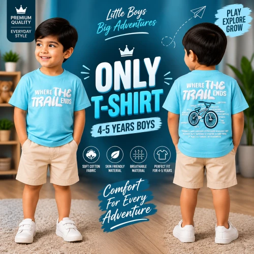 Premium Soft Cotton T-Shirt For Baby Boys (4-5 Years) | Premium Aqua Blue Emboss Print Half Sleeve Kids T-Shirt