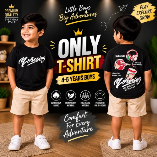 Premium Soft Cotton T-Shirt For Baby Boys (4-5 Years) | Premium Black Emboss Print Half Sleeve Kids T-Shirt