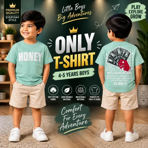 Premium Soft Cotton T-Shirt For Baby Boys (4-5 Years) | Premium Mint Green Emboss Print Half Sleeve Kids T-Shirt