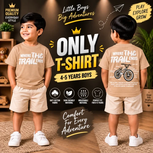Premium Soft Cotton T-Shirt For Baby Boys (4-5 Years) | Premium Soft Beige Emboss Print Half Sleeve Kids T-Shirt