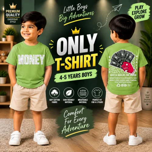Premium Soft Cotton T-Shirt For Baby Boys (4-5 Years) | Premium Lime Green Emboss Print Half Sleeve Kids T-Shirt