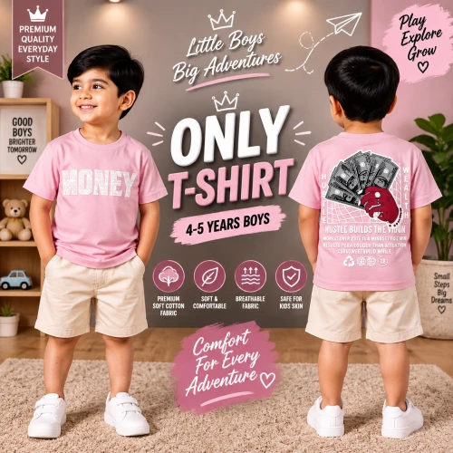 Premium Soft Cotton T-Shirt For Baby Boys (4-5 Years) | Premium Pink Emboss Print Half Sleeve Kids T-Shirt